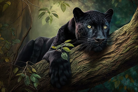 panther resting on tree branch, surveying the forest, created with generative aiの素材