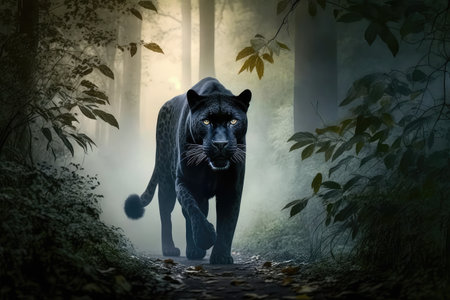 panther prowling in mist-shrouded forest, created with generative aiの素材
