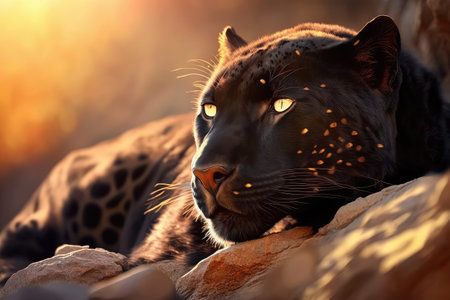 panther lying in the sun, its warm fur shining, created with generative aiの素材