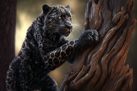 panther scratching its back on tree trunk, created with generative aiの素材