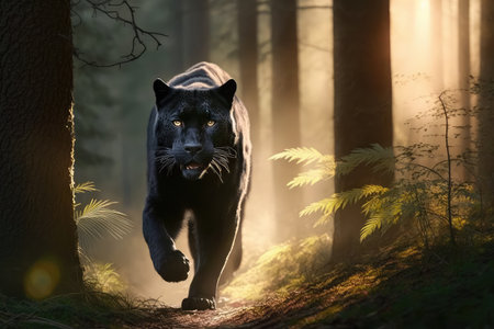 panther prowling through forest, its black coat shining in the sunlight, created with generative aiの素材