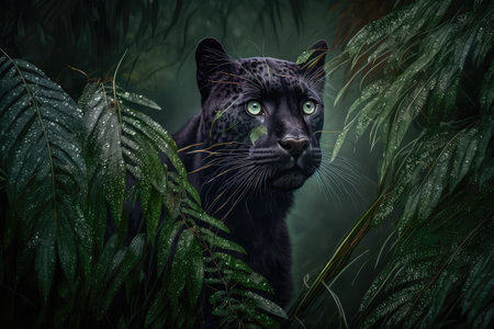 panther in the rainforest, its black fur almost invisible against the wet foliage, created with generative aiの素材