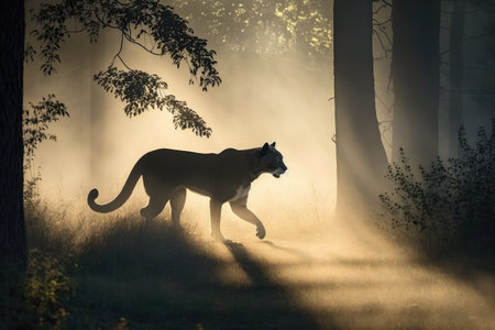 panther walking through misty forest, its coat shining in the morning sunshine, created with generative aiの素材