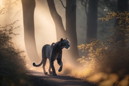 panther walking through misty forest, its coat shining in the morning sunshine, created with generative aiの素材