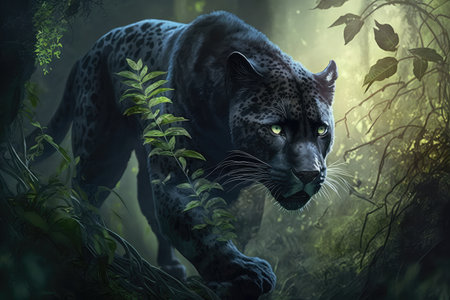 quick-moving panther on the prowl in dense forest, created with generative aiの素材