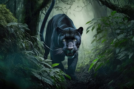 panther sneaking through the forest, hunting its next meal, created with generative aiの素材