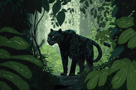 panther roaming through dense rainforest, its black coat a stark contrast to the lush green foliage, created with generative aiの素材