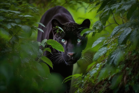 panther stalking its prey through lush and verdant forest, created with generative aiの素材