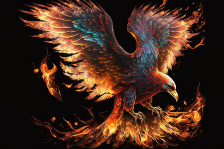 phoenix bird spreading its wings, with fiery feathers visible, created with generative aiの素材