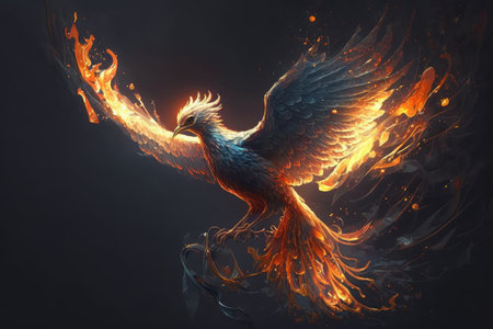 phoenix bird carries burning torch for the night, bringing light and life to darkness, created with generative aiの素材