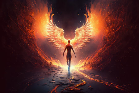 person, burning their way through obstacles in life, with phoenix firebird as a symbol of overcoming challenges, created with generative aiの素材