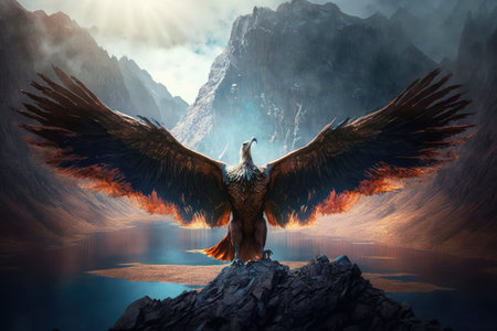 majestic firebird spreading its wings over mountain range, created with generative aiの素材