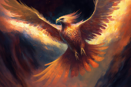 phoenix firebird with its wings spread, soaring through the sky, created with generative aiの素材