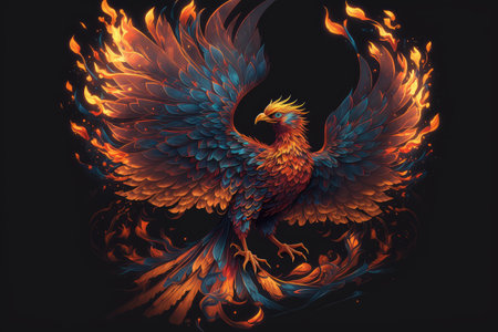 phoenix firebird, surrounded by flames, spreading warmth and light, created with generative aiの素材