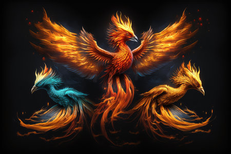 firebird surrounded by magical fire, with stars overhead, created with generative aiの素材