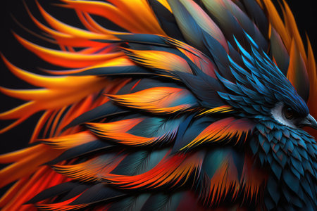 close-up of phoenix firebirds colorful feathers, created with generative aiの素材