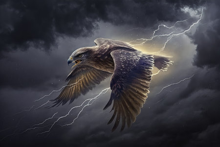 royal bird in flight, against a backdrop of stormy clouds and lightning, created with generative aiの素材