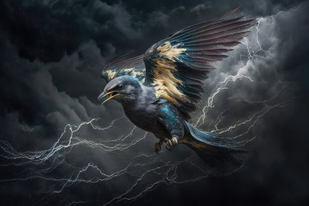 royal bird in flight, against a backdrop of stormy clouds and lightning, created with generative aiの素材