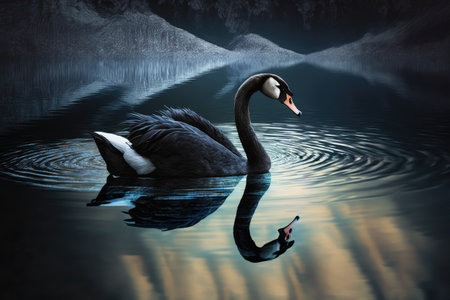 black swan swimming in calm lake, created with generative aiの素材