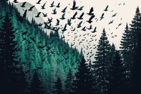migratory flock of birds flying in formation over emerald green forest, created with generative aiの素材