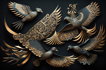 group of royal birds flying in formation, their wings creating intricate patterns, created with generative aiの素材