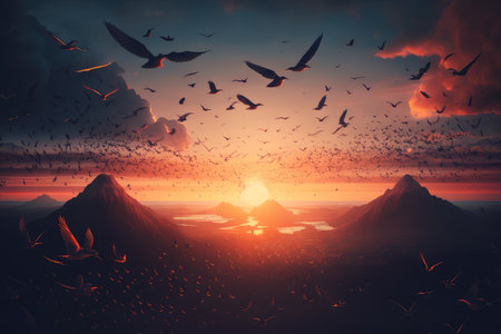 stunning sunset, viewed from above with flock of majestic birds in flight, created with generative aiの素材