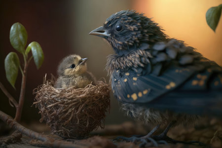 baby bird being cared for by its mother, created with generative aiの素材