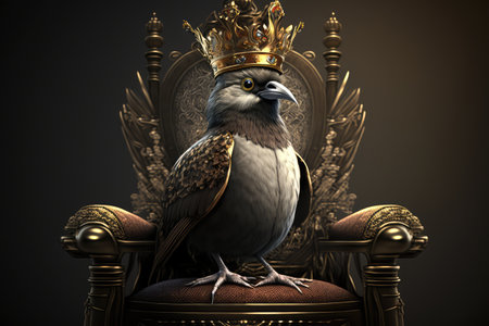 royal bird sitting on regal throne, surrounded by golden crown and scepter, created with generative aiの素材