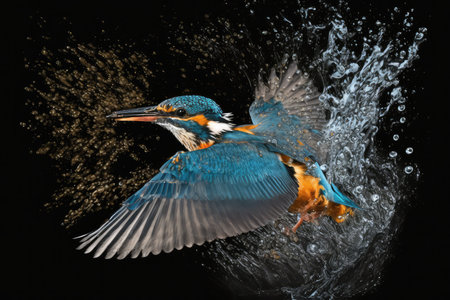 kingfisher diving into watery depths, its prey in sight, created with generative aiの素材