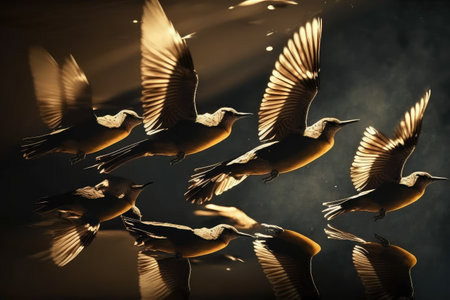 group of royals birds flying in formation, their wings reflecting sunlight, created with generative aiの素材