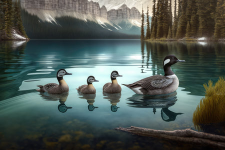 family of royals birds swimming in crystal-clear lake, created with generative aiの素材