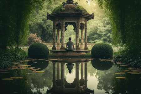 person, sitting in peaceful and tranquil garden, practicing transcendental meditation, created with generative aiの素材