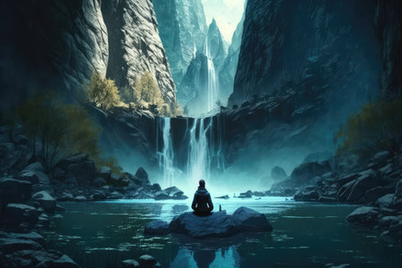 person, meditating in serene and tranquil environment, with waterfall in the background, created with generative aiの素材