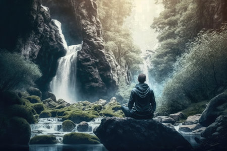 person, meditating in serene and tranquil environment, with waterfall in the background, created with generative aiの素材
