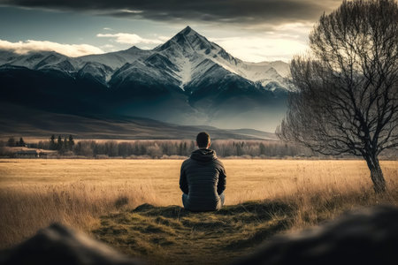 person, meditating in rural setting, with mountains and fields in the background, created with generative aiの素材