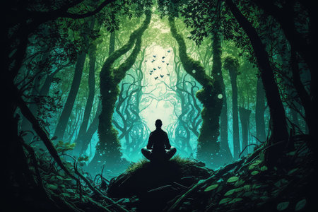 person, meditating in forest, surrounded by nature, created with generative aiの素材