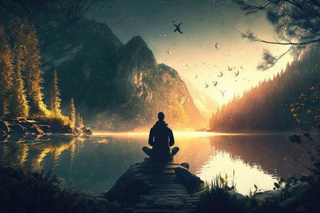 person, sitting in meditation pose, surrounded by peaceful and tranquil setting, created with generative aiの素材