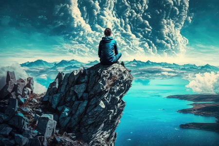 person, meditating on a mountain top, with view of endless sky and blue water, created with generative aiの素材