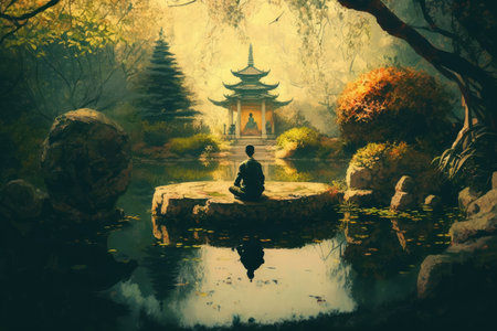 person, meditating in tranquil garden, surrounded by peacefulness and serenity, created with generative aiの素材