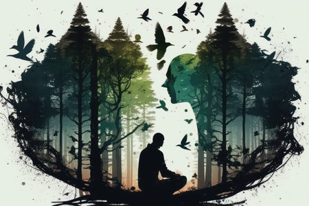 person, meditating in the forest, with trees and birds, created with generative aiの素材