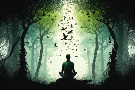 person, meditating in the forest, with trees and birds, created with generative aiの素材