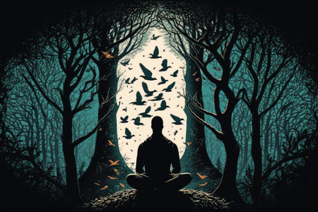 person, meditating in the forest, with trees and birds, created with generative aiの素材
