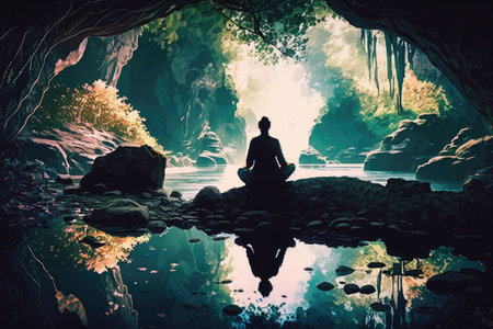 person, peacefully meditating in natural setting, created with generative aiの素材