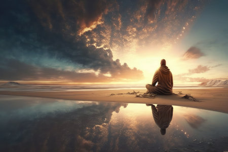 person, meditating on the beach, with serene and peaceful surroundings, created with generative aiの素材