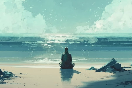 person, meditating on the beach, with serene and peaceful surroundings, created with generative aiの素材