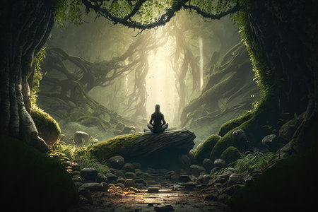 person, practicing transcendental meditation in serene forest setting, created with generative aiの素材