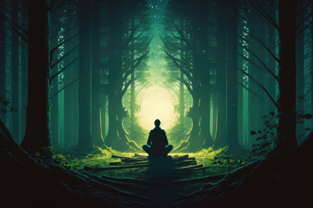 person, practicing transcendental meditation in serene forest setting, created with generative aiの素材