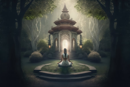 person, practicing transcendental meditation in peaceful garden setting, created with generative aiの素材