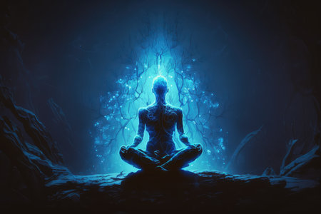 person, sitting in meditative pose and surrounded by calming blue light, created with generative aiの素材