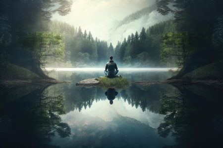 person, meditating in peaceful and tranquil environment, with focus on the present moment, created with generative aiの素材